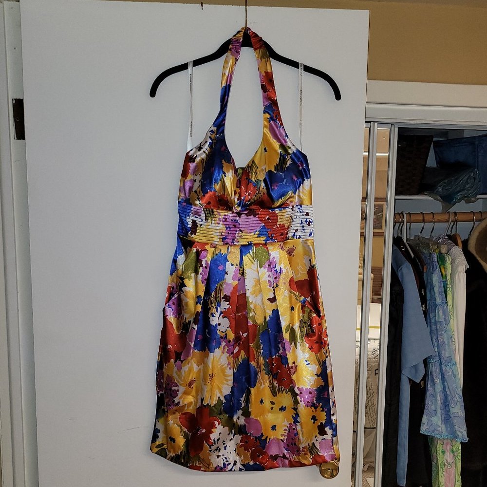 Bisou Bisou Michele Bohbot Pleated Halter Dress Satin Floral Multicolor Size 10